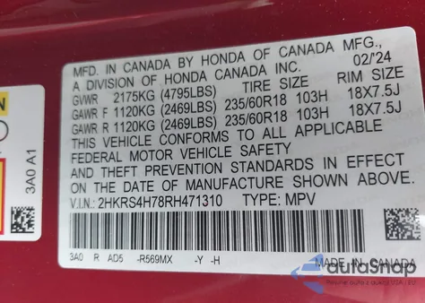 2024 Honda Cr-V Ex-L Awd from USA, damaged, VIN 2HKRS4H78RH471310